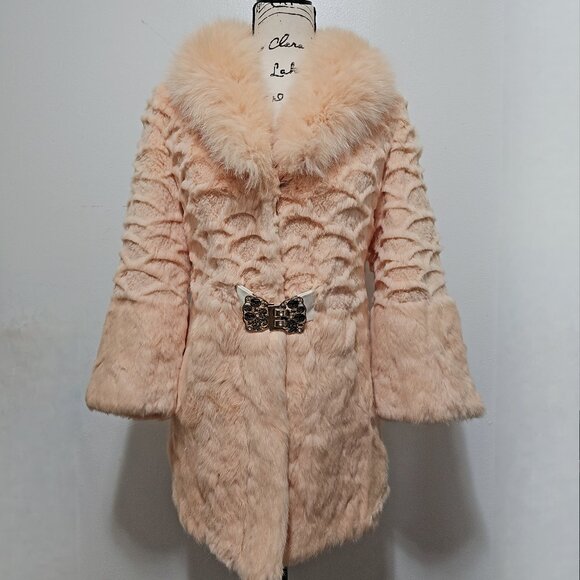 New Real Rex Rabbit Fur Coat Jacket Almond Pinkish Beige Fox Collar No Mink - Picture 1 of 5